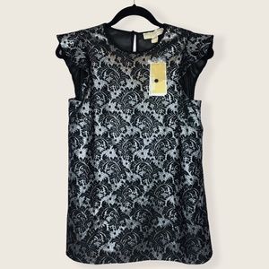 Michael Kors Metallic Lace Cap Sleeve Silver Black Blouse XSmall